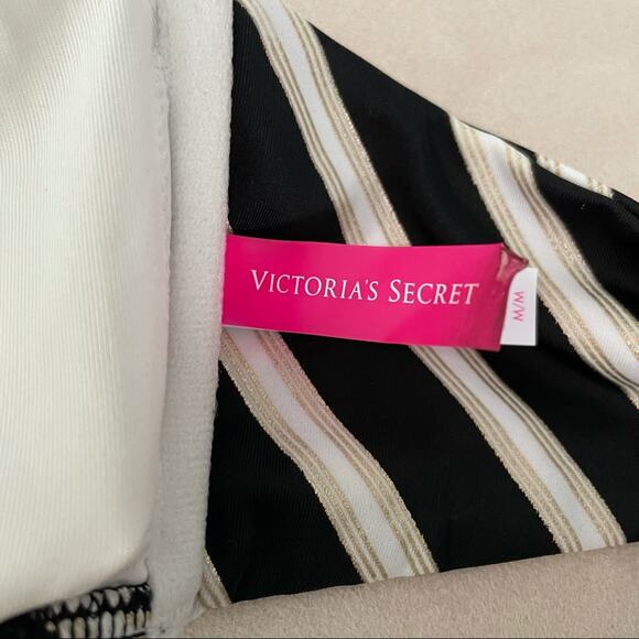 Victoria’s Secret Stripe Bandeau Halter Bikini Top Size M Strap Included Black - Picture 4 of 6